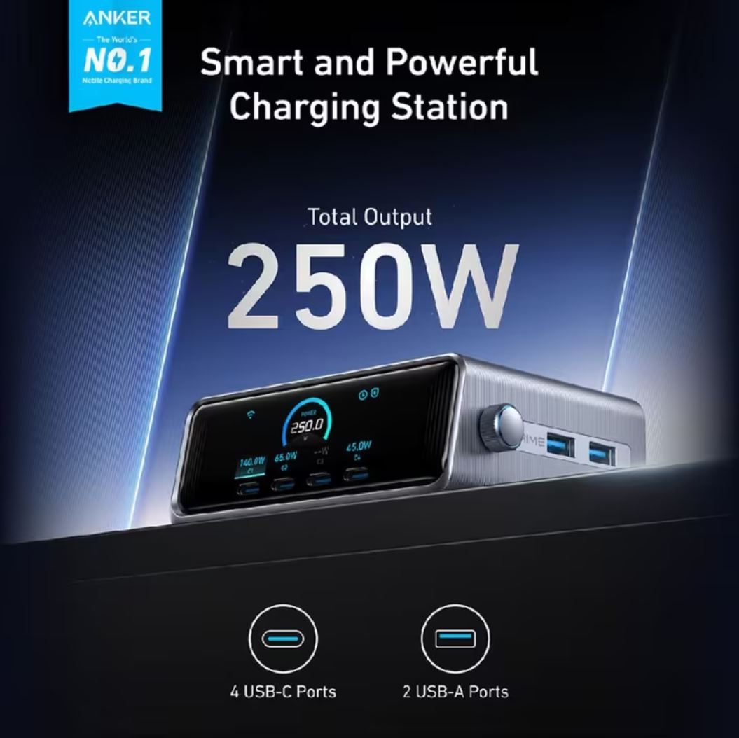 Anker Prime 250W Desktop Charger 6-Port GaNPrime Fast Charging Hub with LCD